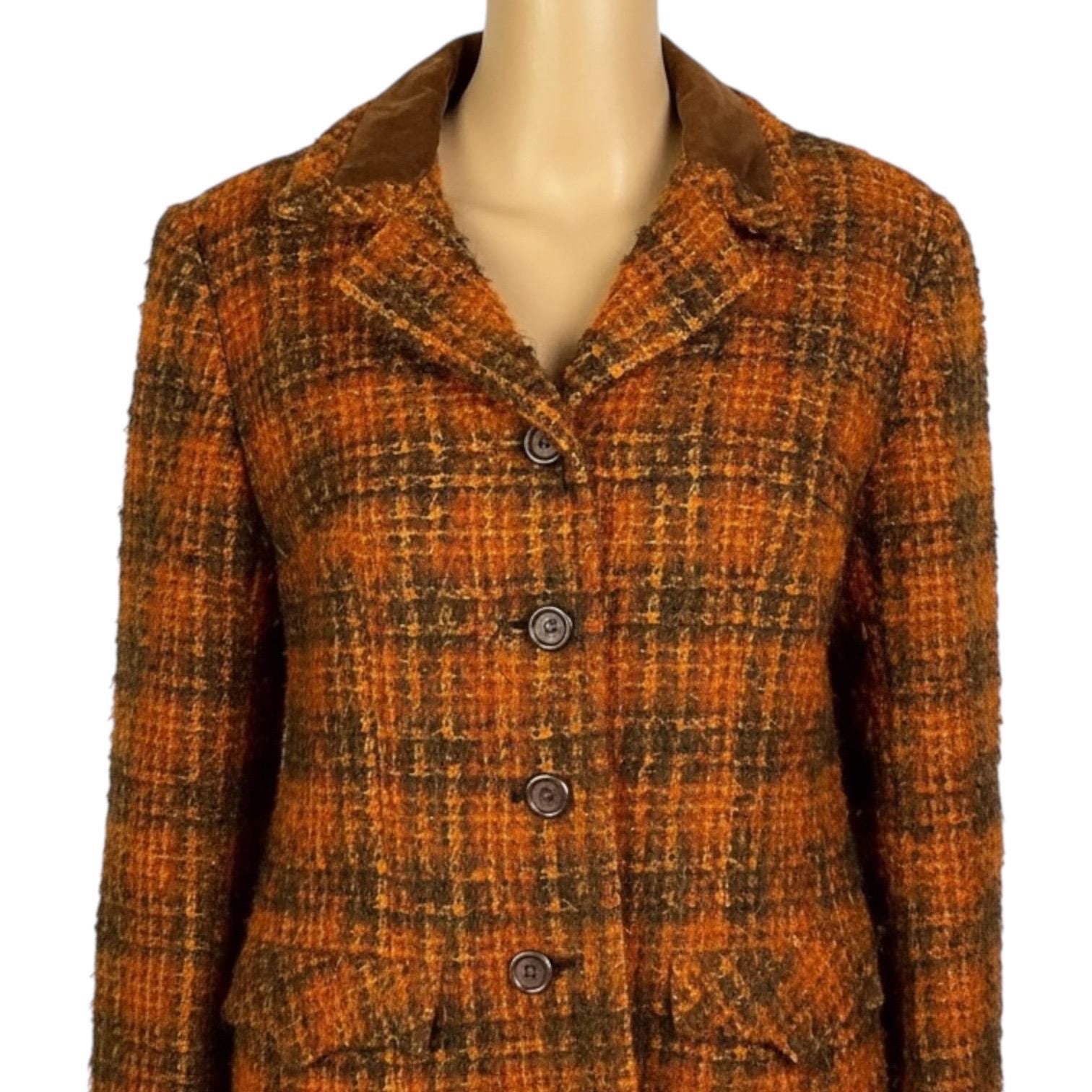 Vintage 1960s Mod Orange & Brown Tweed Wool Velvet Collar Suit