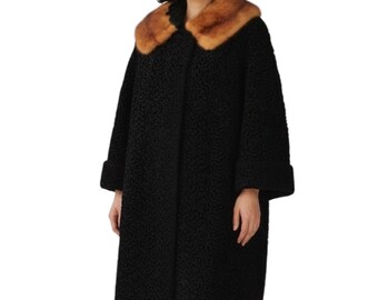 Vintage Early 1960s Black Astrakhan Poodle Fur Collar Swing Coat
