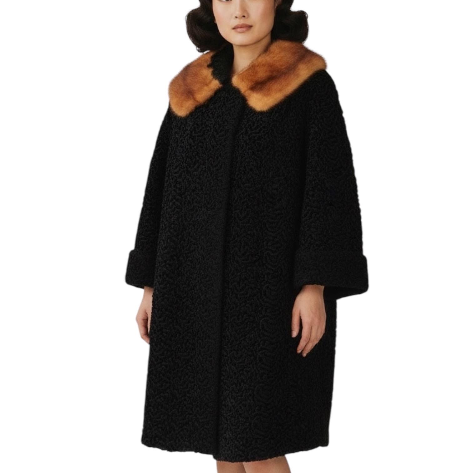 Vintage Early 1960s Black Astrakhan Poodle Fur Collar Swing Coat