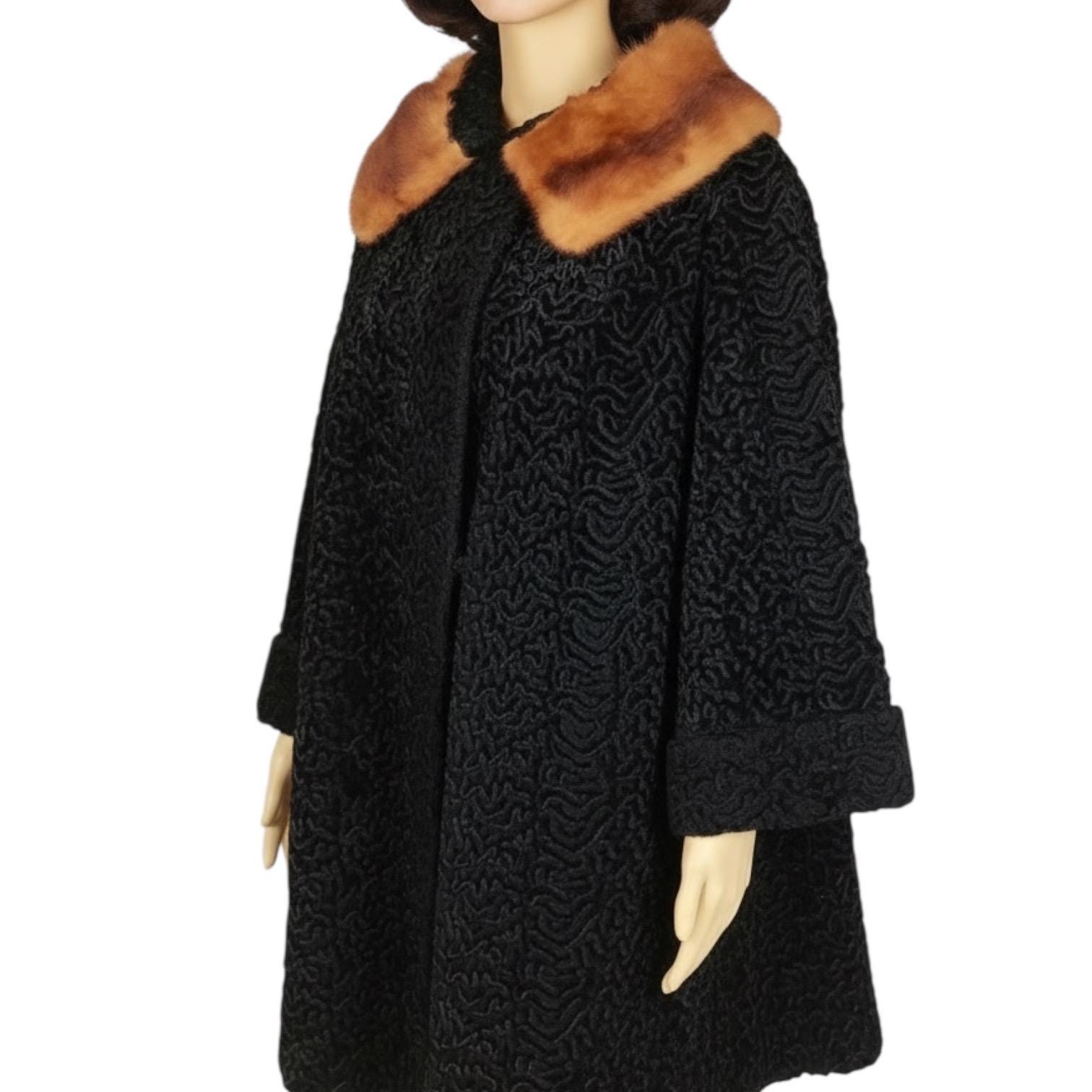 Vintage Early 1960s Black Astrakhan Poodle Fur Collar Swing Coat