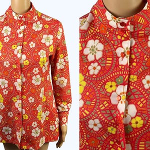Vintage 1960s St Michael Mod Hippie Orange Psychedelic Floral Print Nehru Collar Tunic Top Medium