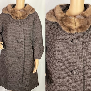 Vintage Late 1950s Designer Len Artel Mid Century Pin Up Grey Wool Fur Scalloped Collar Trapeze Swing Coat Medium-Large