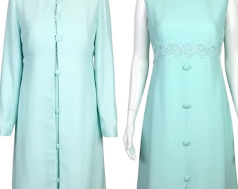 Vintage 1960s Clevaline Turquoise Blue Floral Applique Shift Dress & Matching Coat Suit Set Small