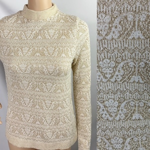 Vintage 1970s Topletina Label Glam Rock Gold Geometric Lurex Knit Sweater Jumper Top Small-Medium