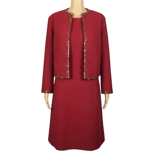 Vintage 1960s Dark Red Wool Shift Dress & Sequin Trim Jacket Suit Set Medium