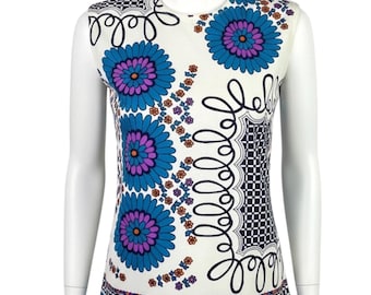 Vintage 1960s Mod Hippie Psychedelic Floral Print Shell Top Small-Medium