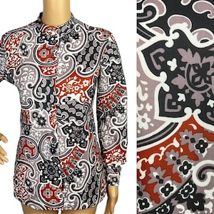 Vintage 1970s St Michael Mod Hippie Psychedelic Geometric Floral Print Nehru Collar Tunic Top Medium