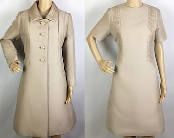 Vintage 1960s Designer Peggy French Couture Mid Century Champagne Beige Embroidered Soutache Shift Dress & Matching Princess Coat  Medium