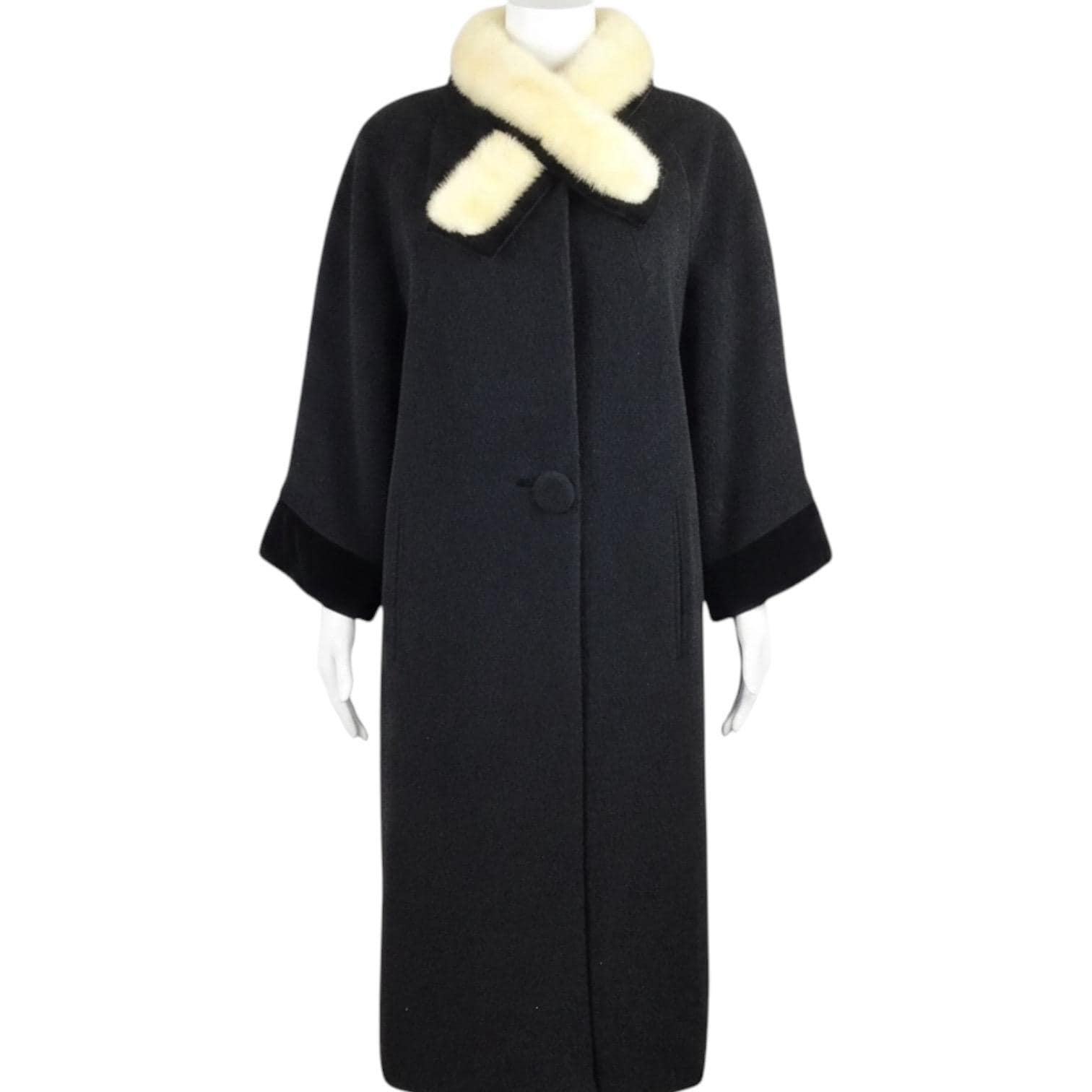 Vintage 1950s Pin up Black Wool White Mink Fur Collar Coat Small