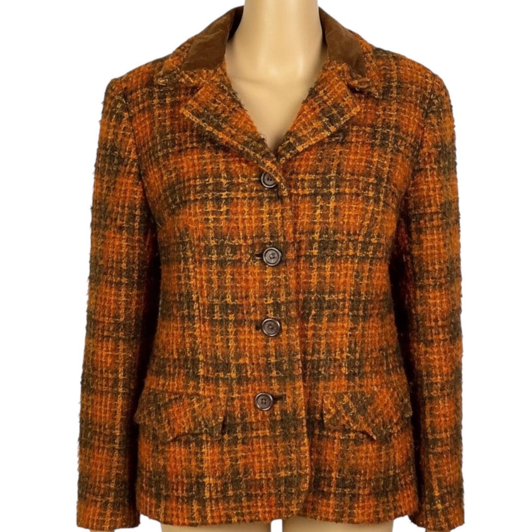 Vintage 1960s Mod Orange & Brown Tweed Wool Velvet Collar Suit