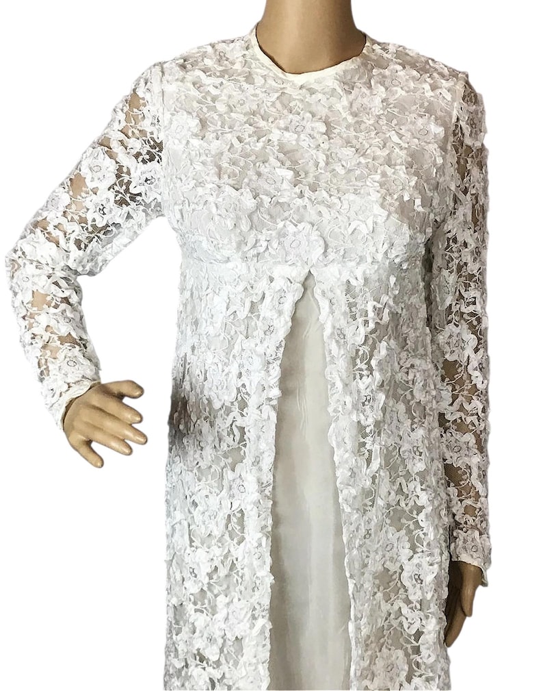 Vintage 1970s White Crochet Floral Soutache Ribbon Lace Overlay Long Wedding Dress Small image 3