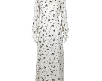 Vestido largo maxi con estampado floral blanco hippie bohemio vintage de los años 70, talla mediana