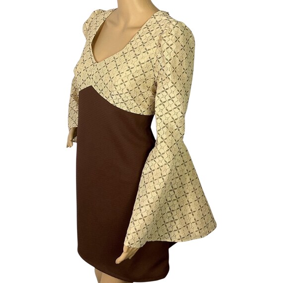 Vintage 1970s Brown & Cream Floral Lace Flared Angel Bell Sleeve Babydoll Mini Dress Medium-Large