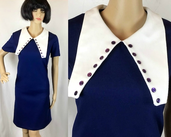 Vintage 60s 70s Mod Psych Navy Blue & White Over S