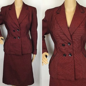 Vintage 1950s Designer Rensor Mid Century Deco Dark Red & Black Striped Wasp Waist Jacket and Matching Pencil Skirt Suit Set Small