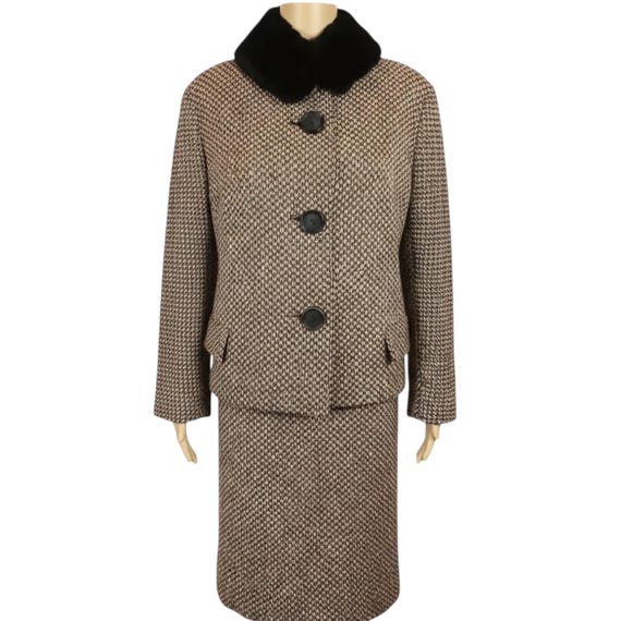 Vintage 1960s Brown Tweed Wool Faux Fur Collar Jacket & Pencil