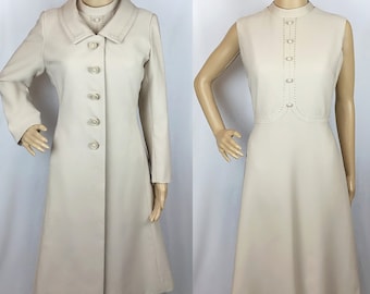 Vintage 1970s Designer Ann Michael Mid Century Mod Cream Beige A Line Shift Dress & Matching Coat Suit Set Medium