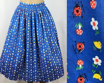 Vintage 1950s Mid Century Pin Up Blue Cotton Ladybird Toadstool Floral Bird Woodland Novelty Print Circle Skirt Small-Medium Waist 27"