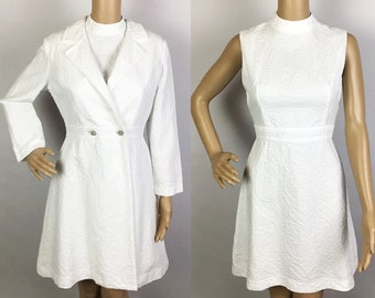 Vintage 1960s Designer Wendy Mid Century Mod White Paisley Brocade Mini Shift Dress & Matching Jacket Coat Suit Set Small