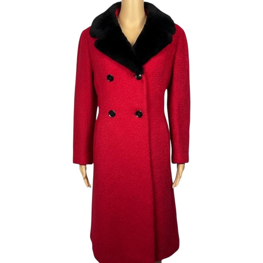 Vintage 1960s Mod Dark Red Boucle Wool Black Faux Fur Collar Coat