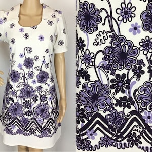 Vintage 1960s Mod Hippie White & Purple Psychedelic Floral Print Penny Collar Babydoll Dress Medium