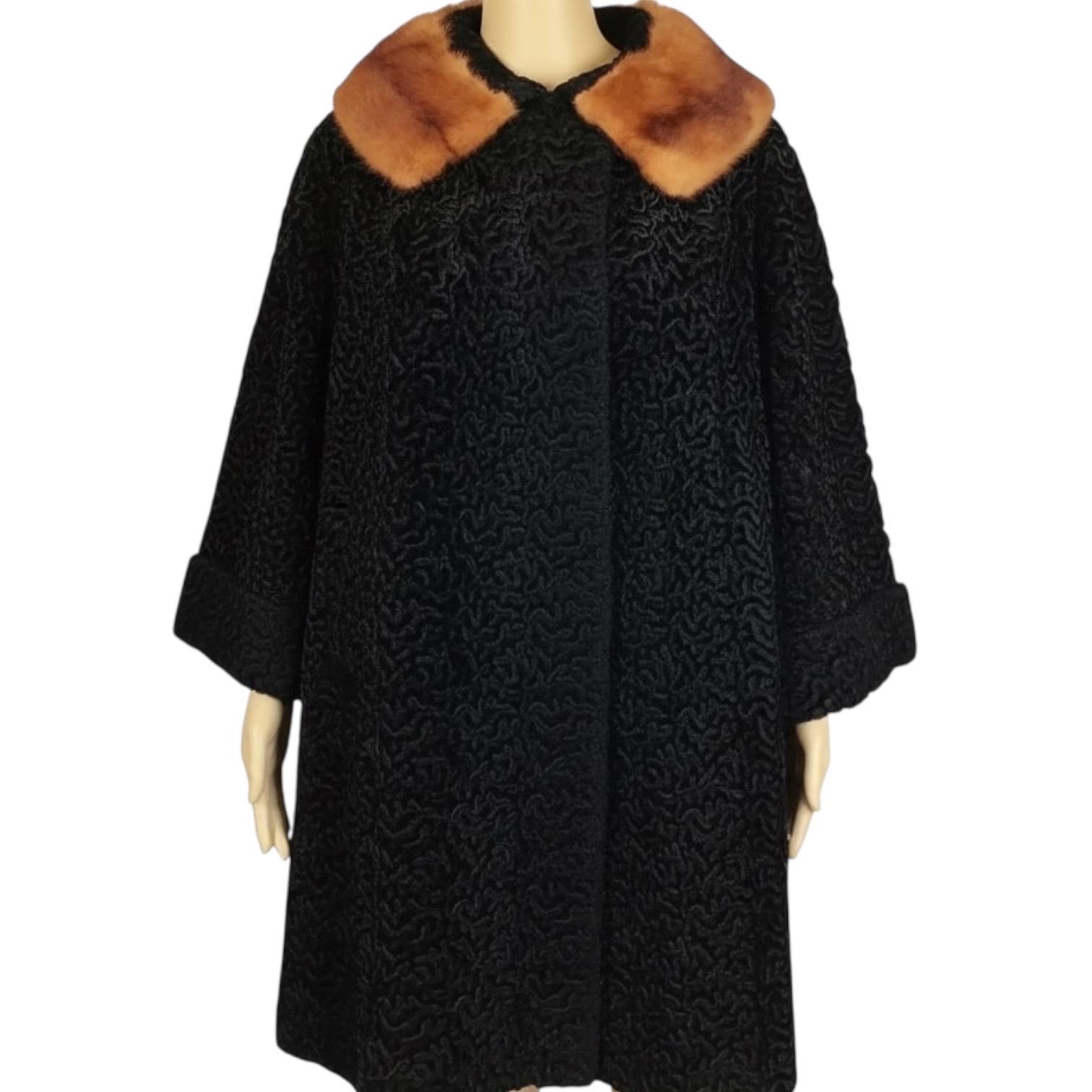 Vintage Early 1960s Black Astrakhan Poodle Fur Collar Swing Coat Vintage Early 1960s Black Astrakhan Poodle Fur Collar Swing Coat
