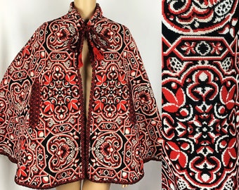 Vintage 1960s 1970s Hippie Boho Red White & Black Floral Tapestry Carpet Needlepoint Tassel Tie Collar Cape Coat Small-Medium