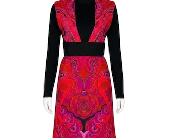 Ensemble robe et gilet en maille psychédélique tourbillonnante style Mod années 1970, taille moyenne