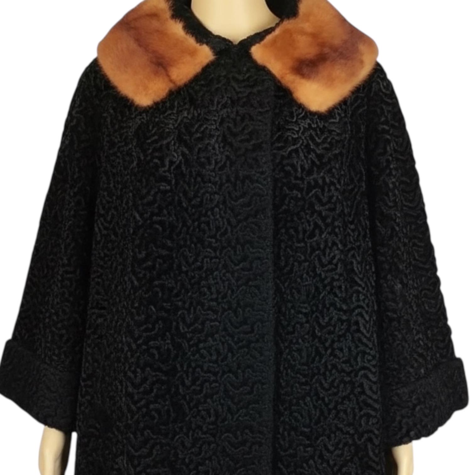 Vintage Early 1960s Black Astrakhan Poodle Fur Collar Swing Coat