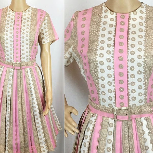 Vintage Early 1960s Mid Century Pin Up Pink White Brown Floral Medallion Striped Print Belted Fit and Flare  Shirtwaister Dress Small-Medium