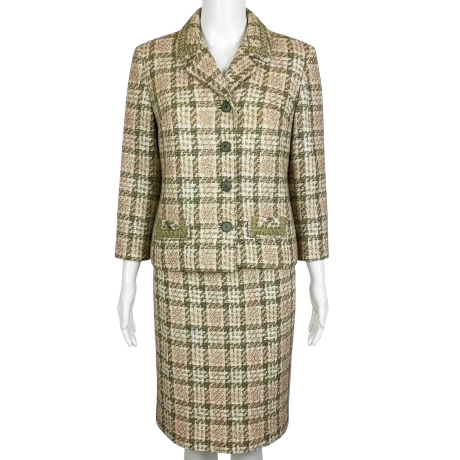 Vintage 1960s Cream Tweed Check Wool Jacket & Pencil Skirt Suit