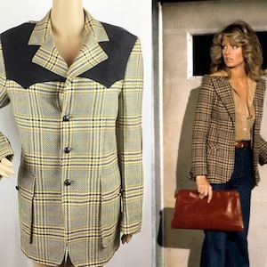 Vintage 1970s Designer Liguori Carmichael Saville Row Mod Tan Black Cream Check Suede Elbow Patch Long Line Boyfriend Blazer Jacket Large