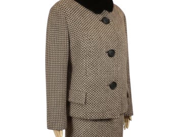 Vintage 1960s Brown Tweed Wool Faux Fur Collar Jacket & Pencil