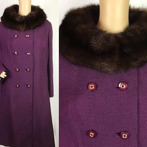 Vintage 1960s Mid Century Pin Up Purple Wool Brown Fur Shawl Collar Trapeze Swing Coat Large