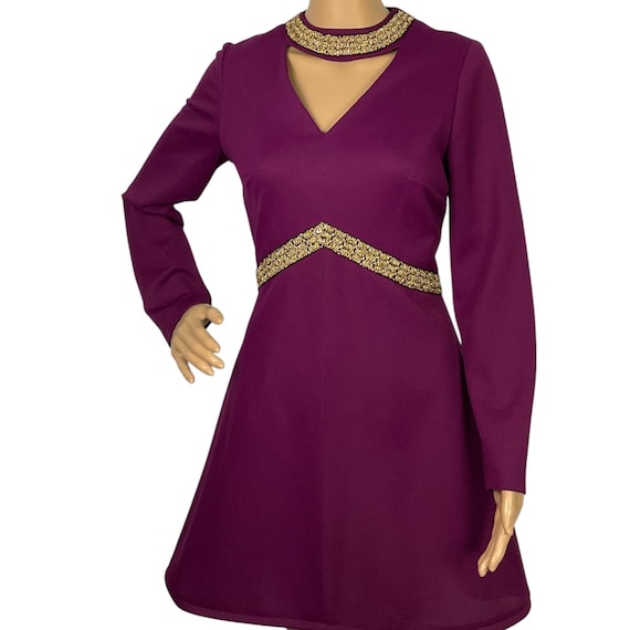 Vintage 1970s Mod Medieval Purple Gold Lurex Key Hole Bib Mini Dress Small-Medium