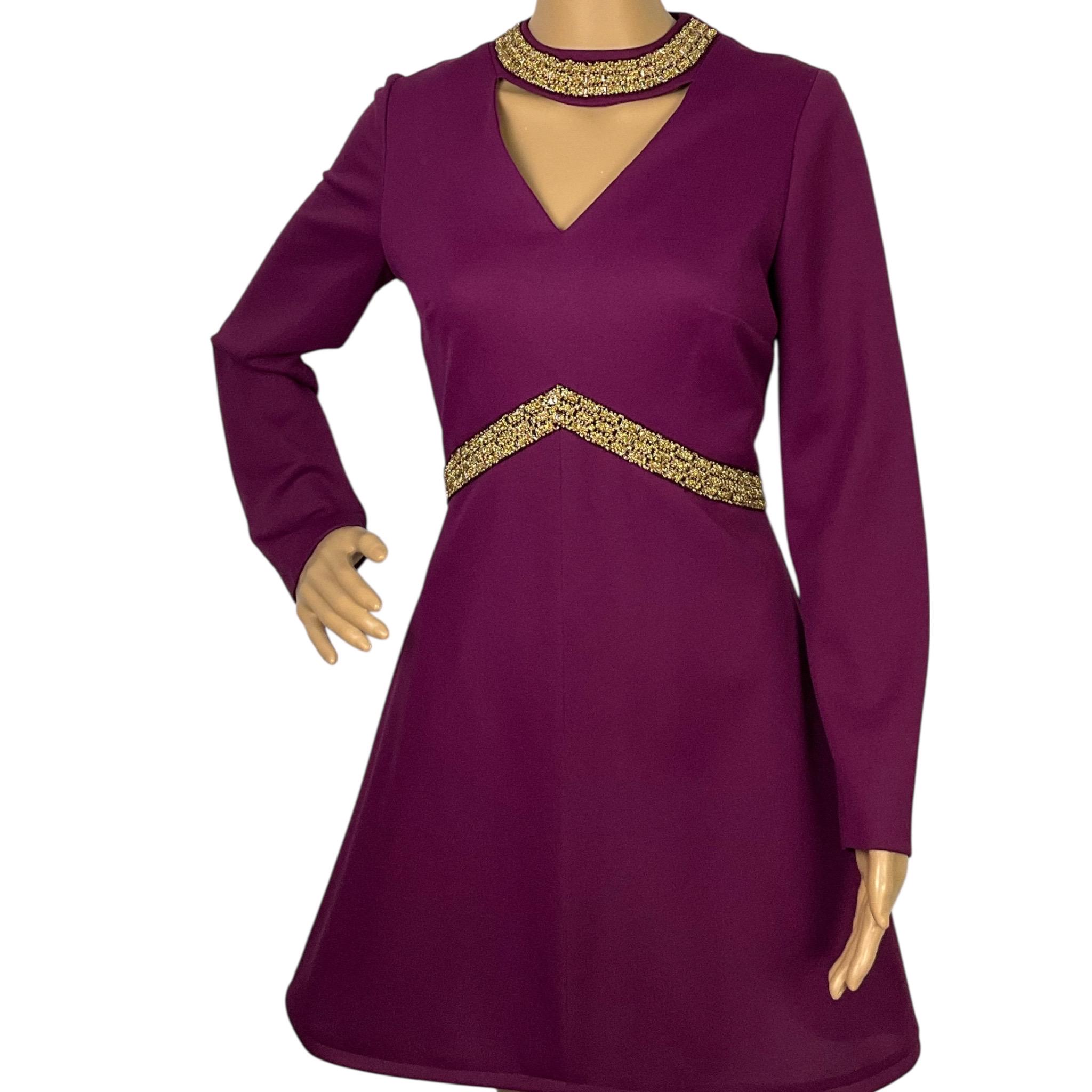 Vintage 1970s Mod Medieval Purple Gold Lurex Key Hole Bib Mini Dress Small-Medium