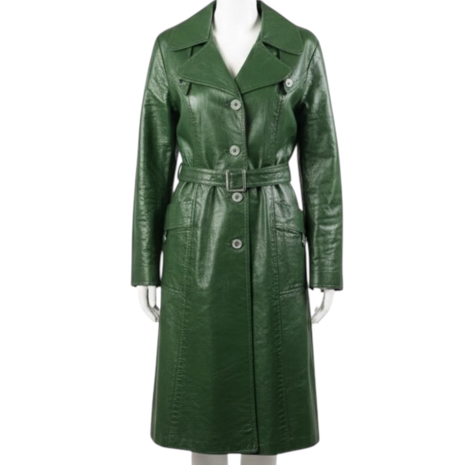 Vintage 1970s Mod Dark Green PVC Vinyl Faux Leather Belted Trench