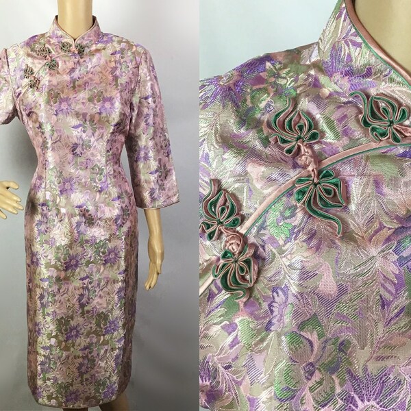 Vintage 1970s Mid Century Pin Up Metallic Pink Purple Floral Brocade Cheongsam Shift Dress Medium