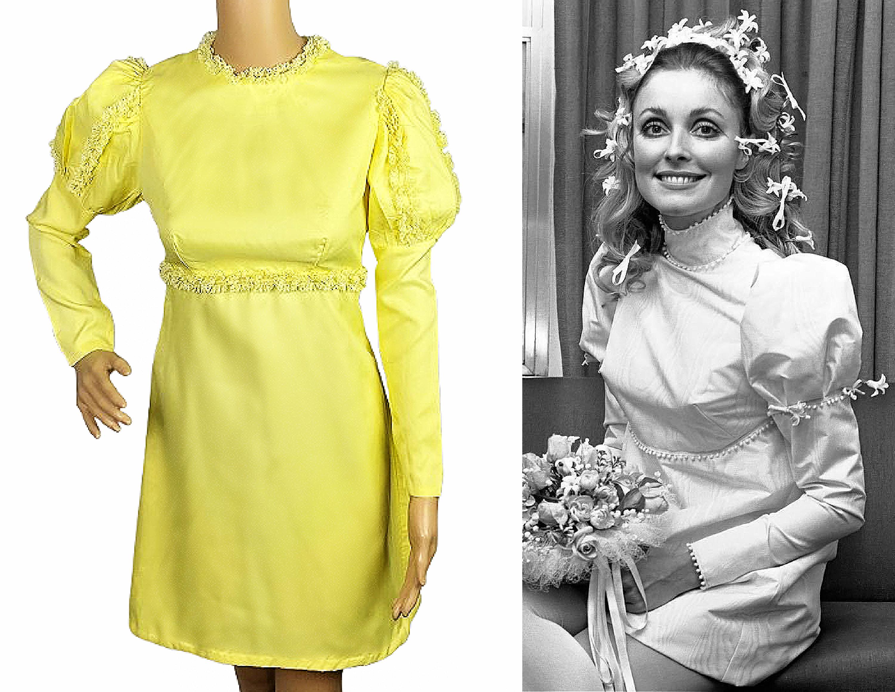 希少 60s VINTAGE エッセル BOUTIQUE France製 デッド Vintage 1960s Mod Victoriana Pale Yellow Lace Trim Puffed Juliet