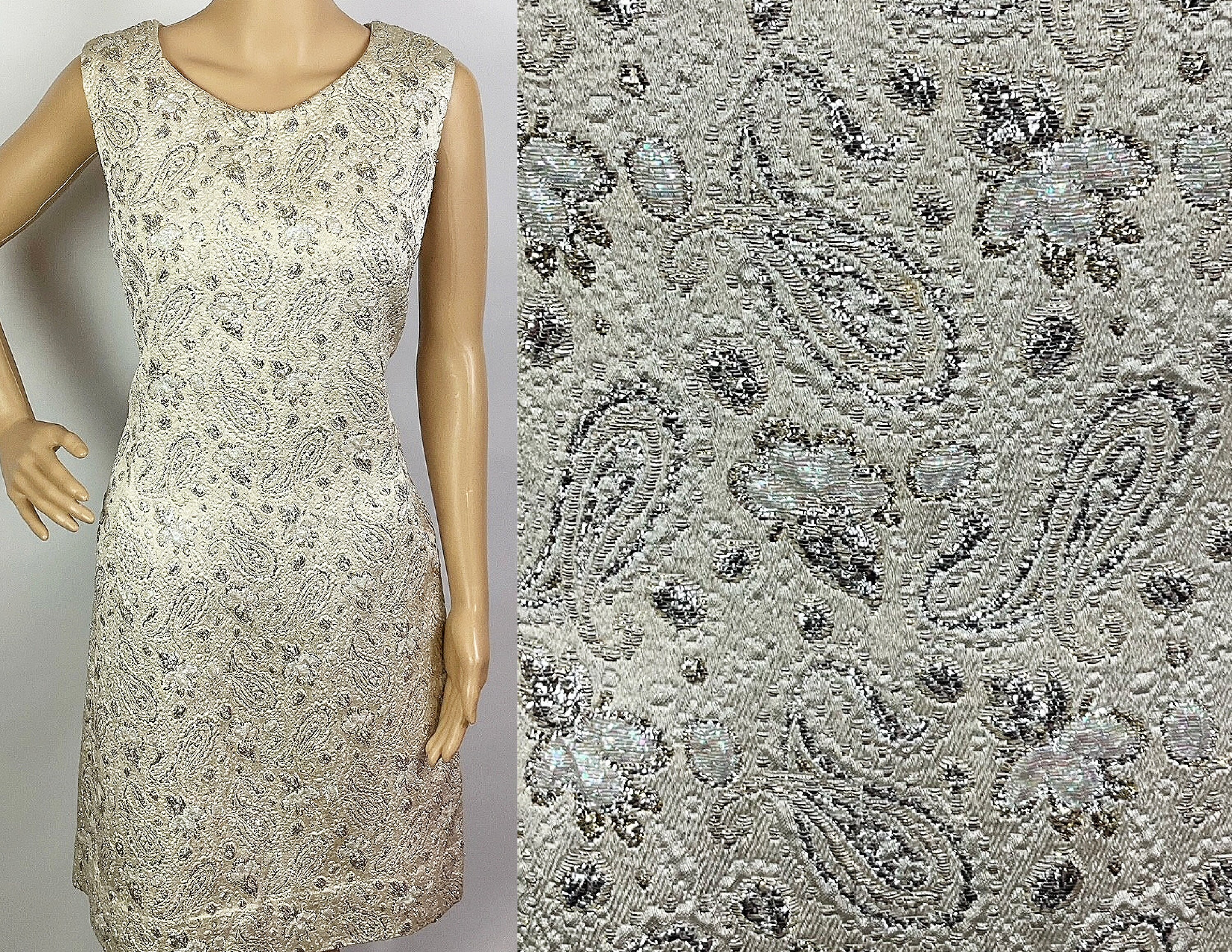 Vintage 1960s Mid Century Mod Cream Gold Silver Lurex Floral