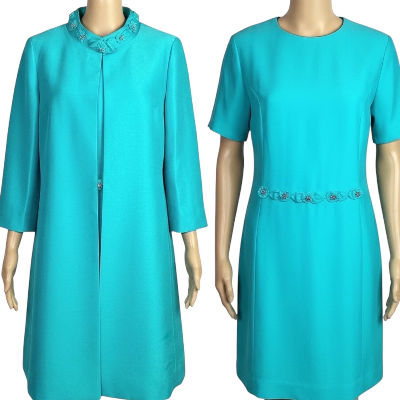 Vintage 1960s Turquoise Blue Floral Beaded Mini Shift Dress