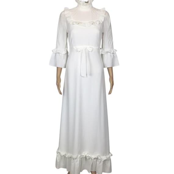 Vintage 1970s Designer Quad Victorian Edwardian White Ruffled Collar Wedding Dress Small-Medium