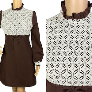 Vintage 1970s Hippie Brown Victoriana White Crochet Lace Babydoll Mini Dress Small-Medium
