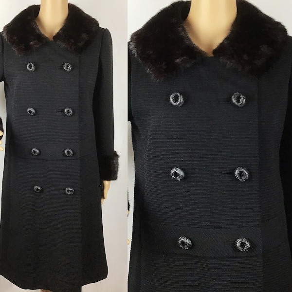 Vintage 1960s Designer Mid Century Mod Black Ribbed Wool Real Fur Collar & Cuffs Princess Coat Medium