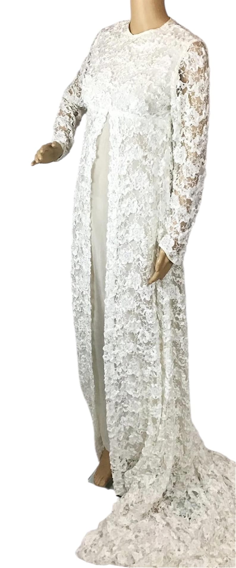 Vintage 1970s White Crochet Floral Soutache Ribbon Lace Overlay Long Wedding Dress Small image 7
