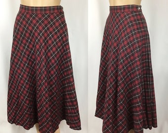 Vintage 1970s does 40s Designer Barclay Square Dark Red Black White Plaid Check Wool A Line Midi Pleated Swing Skirt Small-Medium Waist 27&quot;