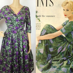 Vintage 1950s Mid Century Pin Up Green and Purple Leaf Abstract Print Silky Fit and Flare Garden Party Cocktail Dress Small