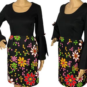 Vintage 1970er Jahre Mod Hippie Psychedelic Flower Power Floral Glockenärmel Babydoll Mini Kleid Medium