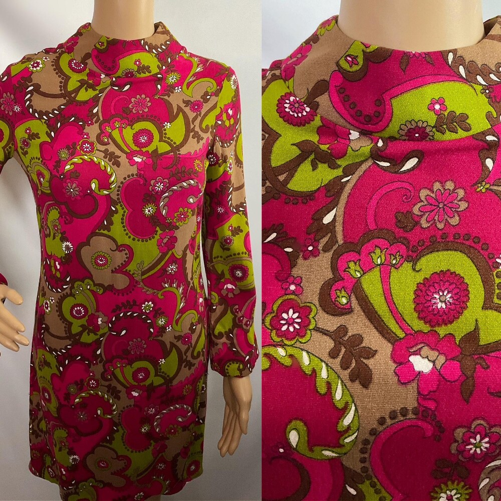 Vintage 60s Mod Silk Dress Pink & Green Mini Psychedelic Print S – AS IS