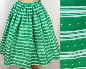 Vintage Late 1950s Early 1960s Mid Century Pin Up Green & White Stripe Swiss Dot Circle Skirt Small Waist 26&quot;